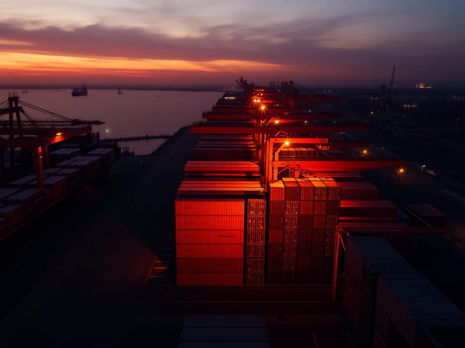 Container terminal at dusk — freight operations powered by Freto
